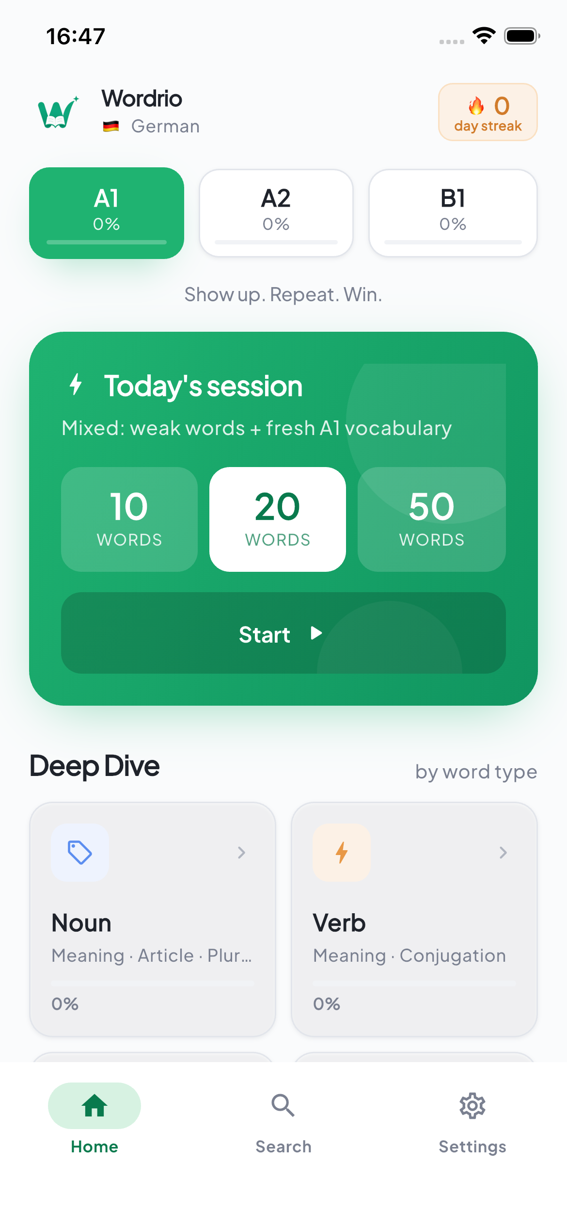 Wordrio home screen with daily 10-word session
